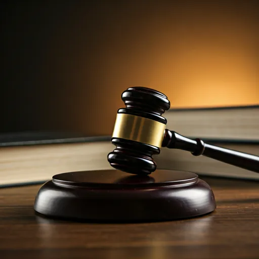 Mazo judicial y libros legales sobre una mesa de despacho