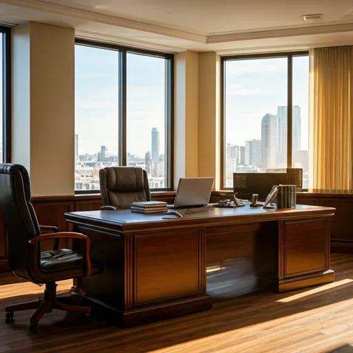 Despacho de abogados moderno con mesa de madera, luz natural y ambiente profesional